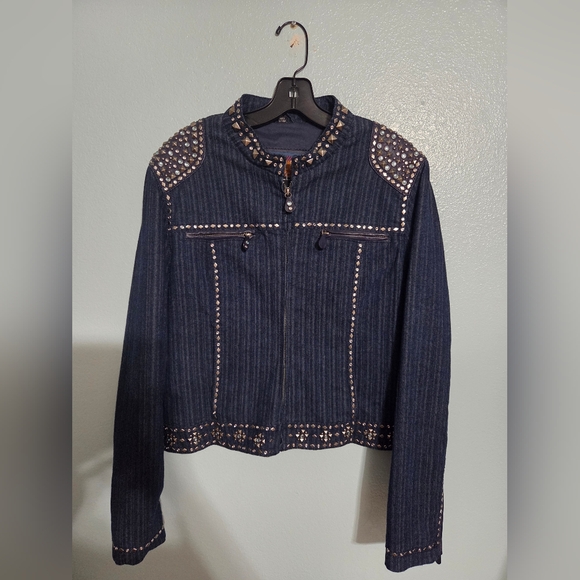 Cripple Creek Studded Denim Jacket with Cross Design (back) - Picture 1 of 5